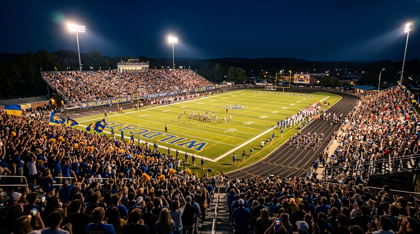 A packed school football stadium on game night